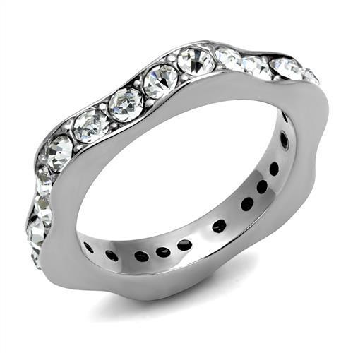 A beautiful women's stainless steel ring featuring a high polished finish and a clear synthetic crystal, showcasing elegance and durability.