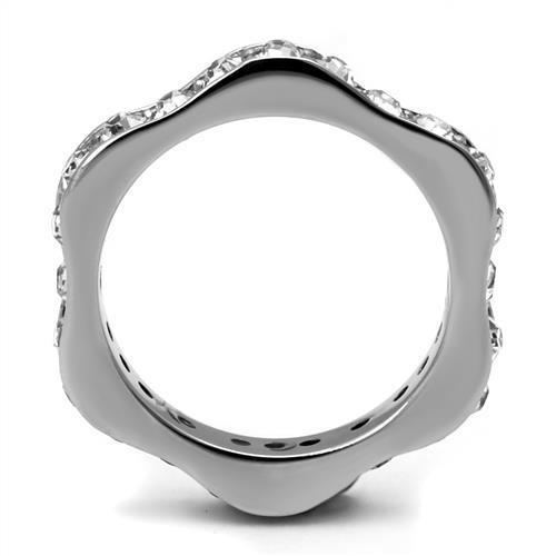 A beautiful women's stainless steel ring featuring a high polished finish and a clear synthetic crystal, showcasing elegance and durability.