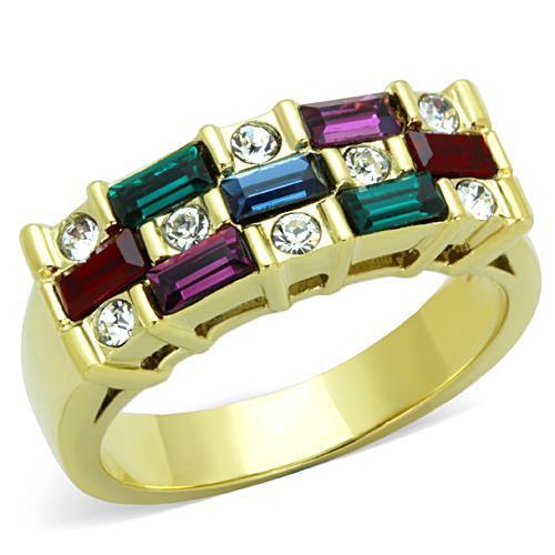 A collection of women’s stainless steel rings featuring synthetic crystals in various colors and IP gold plating.