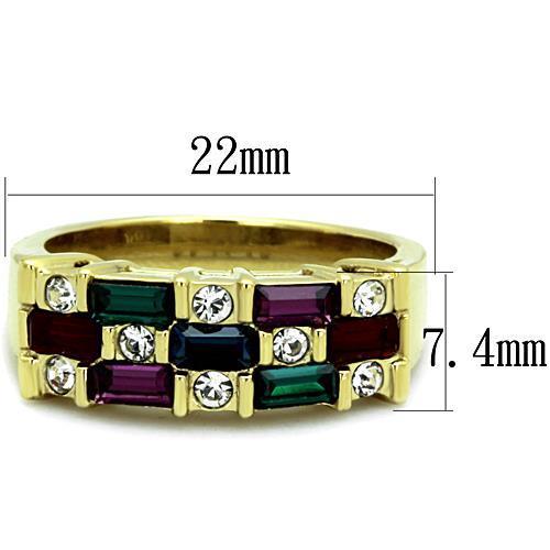 A collection of women’s stainless steel rings featuring synthetic crystals in various colors and IP gold plating.