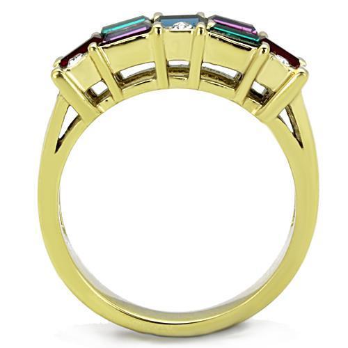 A collection of women’s stainless steel rings featuring synthetic crystals in various colors and IP gold plating.