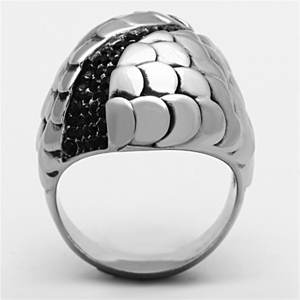 A stylish women's stainless steel ring featuring synthetic crystal accents in jet color, showcasing a high-polished finish.