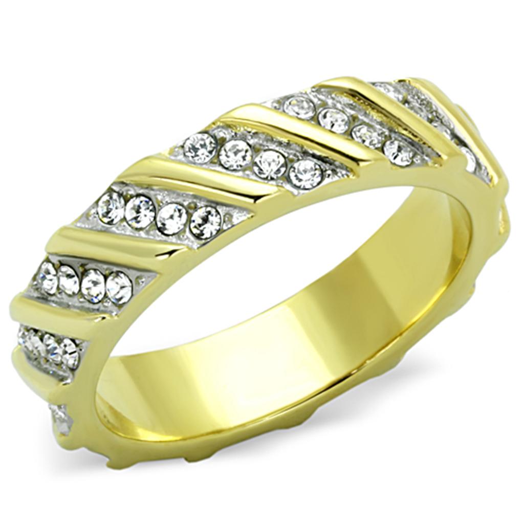 A beautiful two-tone stainless steel ring with synthetic crystals, showcasing elegance and durability for women.