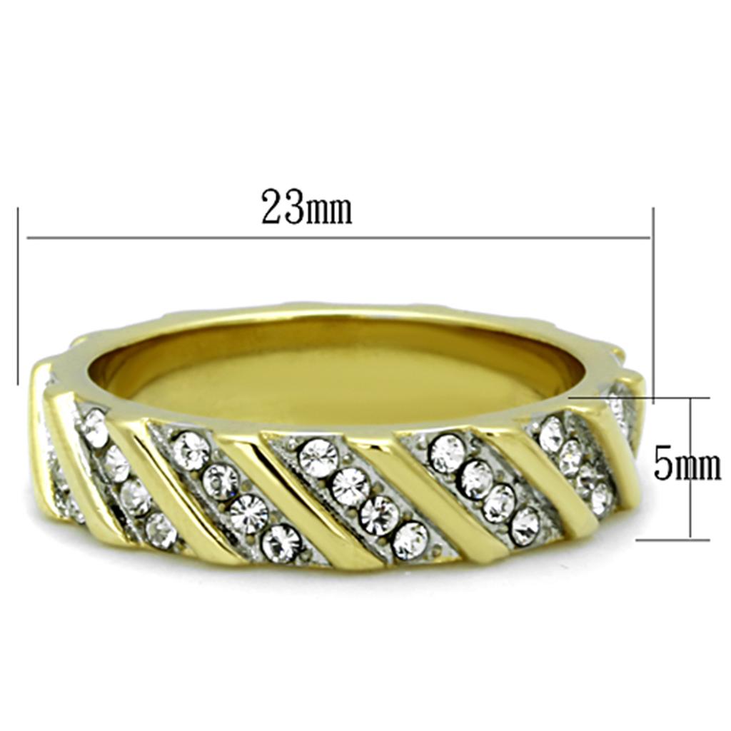 A beautiful two-tone stainless steel ring with synthetic crystals, showcasing elegance and durability for women.