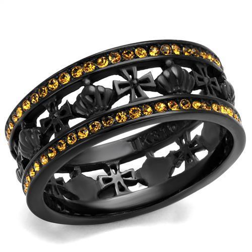 Elegant Women Stainless Steel Ring with Synthetic Topaz Crystals in IP Black finish, showcasing a modern design.