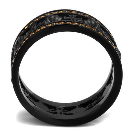 Elegant Women Stainless Steel Ring with Synthetic Topaz Crystals in IP Black finish, showcasing a modern design.