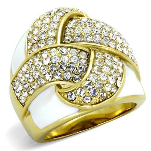 A beautiful women’s stainless steel ring featuring synthetic crystals and IP gold plating, showcasing elegance and durability.