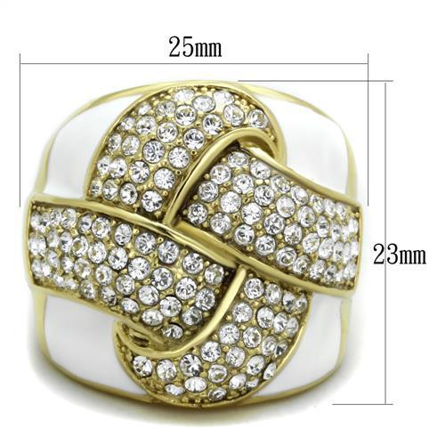 A beautiful women’s stainless steel ring featuring synthetic crystals and IP gold plating, showcasing elegance and durability.