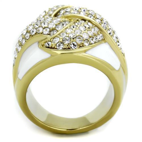 A beautiful women’s stainless steel ring featuring synthetic crystals and IP gold plating, showcasing elegance and durability.