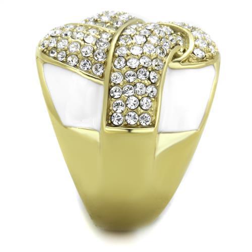 A beautiful women’s stainless steel ring featuring synthetic crystals and IP gold plating, showcasing elegance and durability.