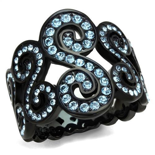 A stylish women's stainless steel ring featuring a sea blue synthetic crystal and IP black ion plating, showcasing elegance and durability.