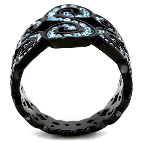 A stylish women's stainless steel ring featuring a sea blue synthetic crystal and IP black ion plating, showcasing elegance and durability.