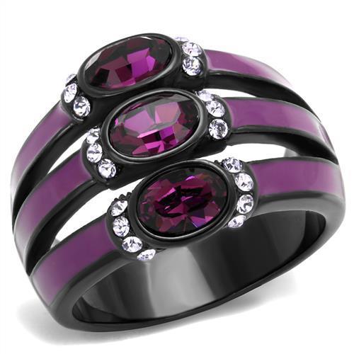 Elegant women’s stainless steel ring with synthetic crystal and amethyst color, featuring a sleek IP black ion plating finish.