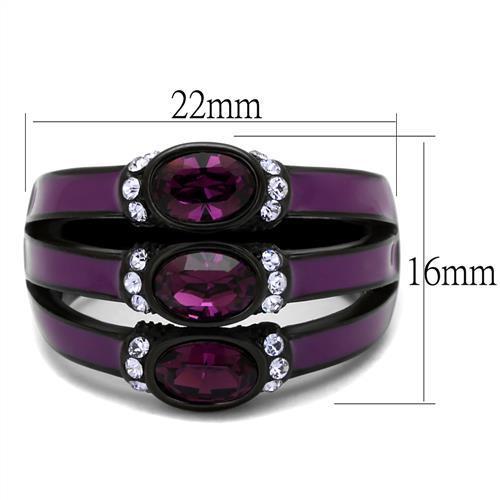 Elegant women’s stainless steel ring with synthetic crystal and amethyst color, featuring a sleek IP black ion plating finish.