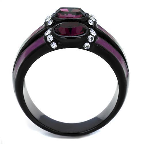 Elegant women’s stainless steel ring with synthetic crystal and amethyst color, featuring a sleek IP black ion plating finish.