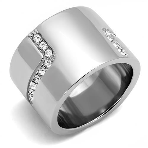 A stylish women's stainless steel ring featuring clear synthetic crystals, showcasing a high-polished finish and elegant design.