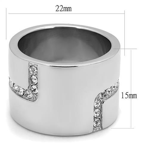 A stylish women's stainless steel ring featuring clear synthetic crystals, showcasing a high-polished finish and elegant design.