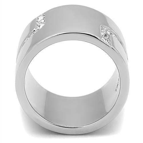 A stylish women's stainless steel ring featuring clear synthetic crystals, showcasing a high-polished finish and elegant design.