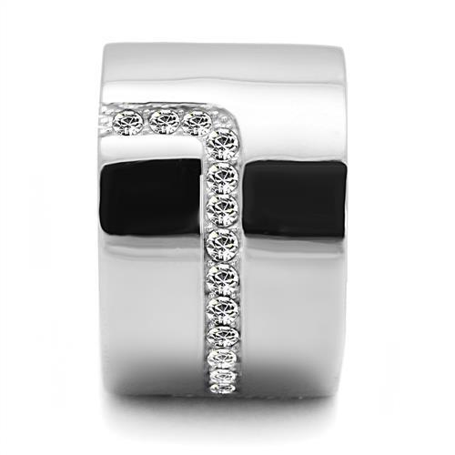 A stylish women's stainless steel ring featuring clear synthetic crystals, showcasing a high-polished finish and elegant design.