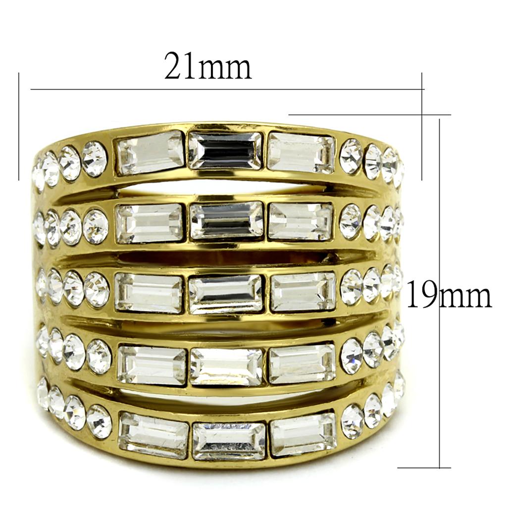 Elegant women stainless steel ring with synthetic crystal and IP gold plating, showcasing a clear sparkling design.