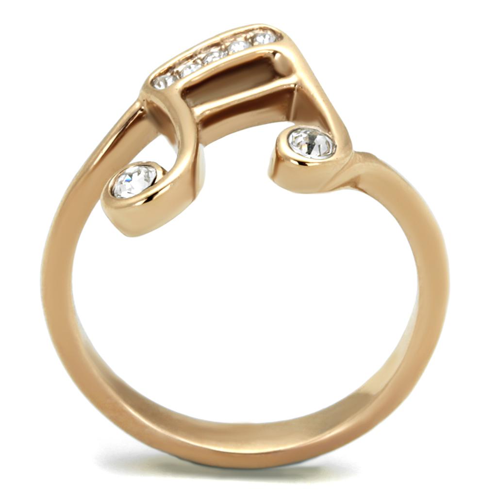 A beautiful Women Stainless Steel Synthetic Crystal Ring featuring IP Rose Gold plating and clear synthetic crystals, elegantly displayed.