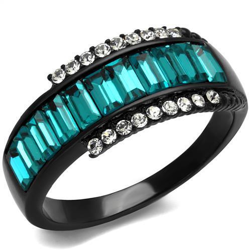 A stylish women's stainless steel ring featuring synthetic crystal and blue zircon accents with an IP black ion plating finish.