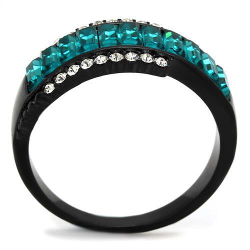 A stylish women's stainless steel ring featuring synthetic crystal and blue zircon accents with an IP black ion plating finish.