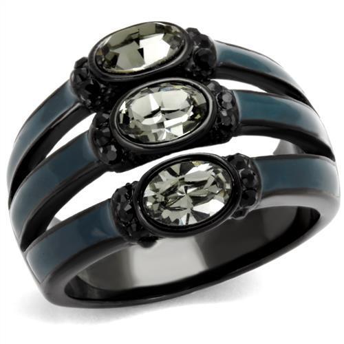 A stylish women's stainless steel ring featuring synthetic black diamond crystals and IP black ion plating, showcasing elegance and durability.