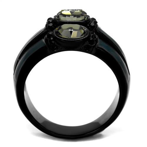 A stylish women's stainless steel ring featuring synthetic black diamond crystals and IP black ion plating, showcasing elegance and durability.