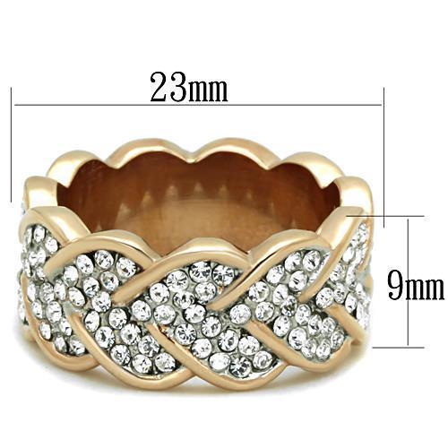 A beautiful two-tone IP rose gold stainless steel ring adorned with clear synthetic crystals, showcasing elegance and durability.