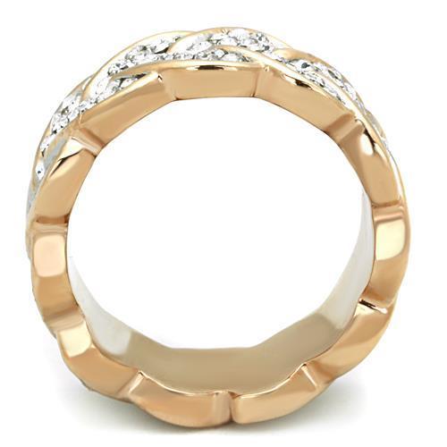 A beautiful two-tone IP rose gold stainless steel ring adorned with clear synthetic crystals, showcasing elegance and durability.