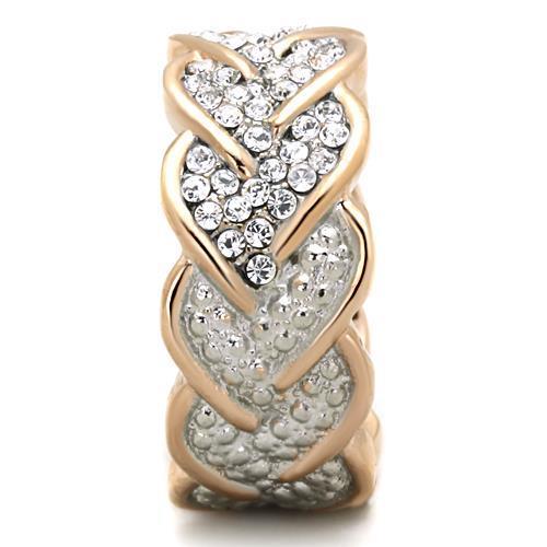 A beautiful two-tone IP rose gold stainless steel ring adorned with clear synthetic crystals, showcasing elegance and durability.