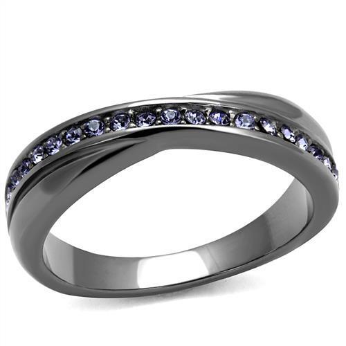 Elegant women stainless steel ring featuring synthetic crystal in tanzanite color with IP light black finish.