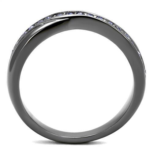 Elegant women stainless steel ring featuring synthetic crystal in tanzanite color with IP light black finish.