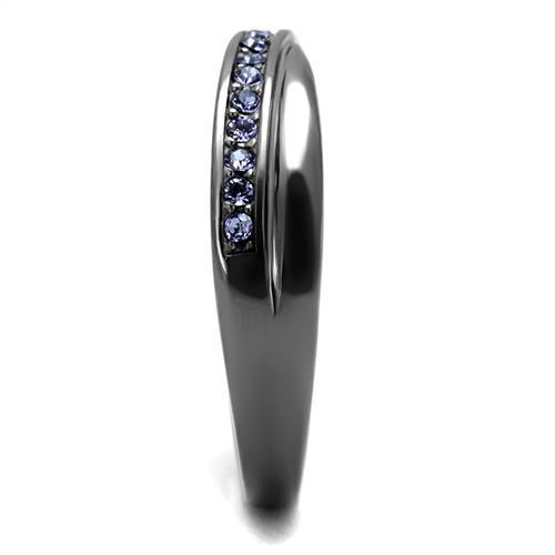 Elegant women stainless steel ring featuring synthetic crystal in tanzanite color with IP light black finish.