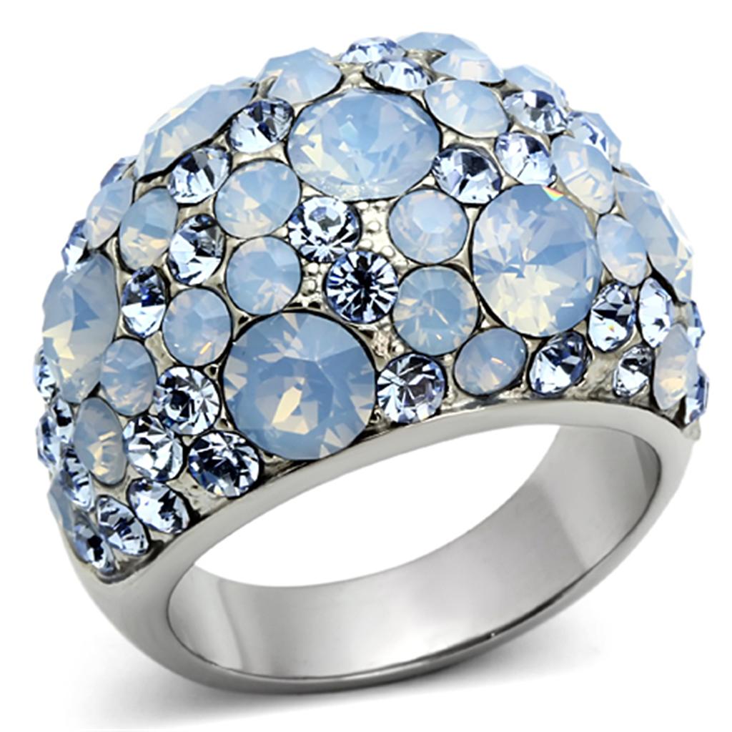 A beautiful women’s stainless steel ring featuring a high polished finish and a vibrant sea blue synthetic crystal centerpiece.