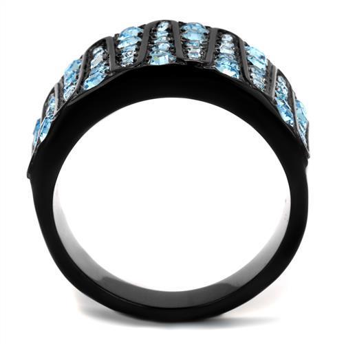 A stylish women’s ring made of stainless steel with a sea blue synthetic crystal, featuring an IP black ion plating finish.