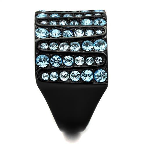 A stylish women’s ring made of stainless steel with a sea blue synthetic crystal, featuring an IP black ion plating finish.