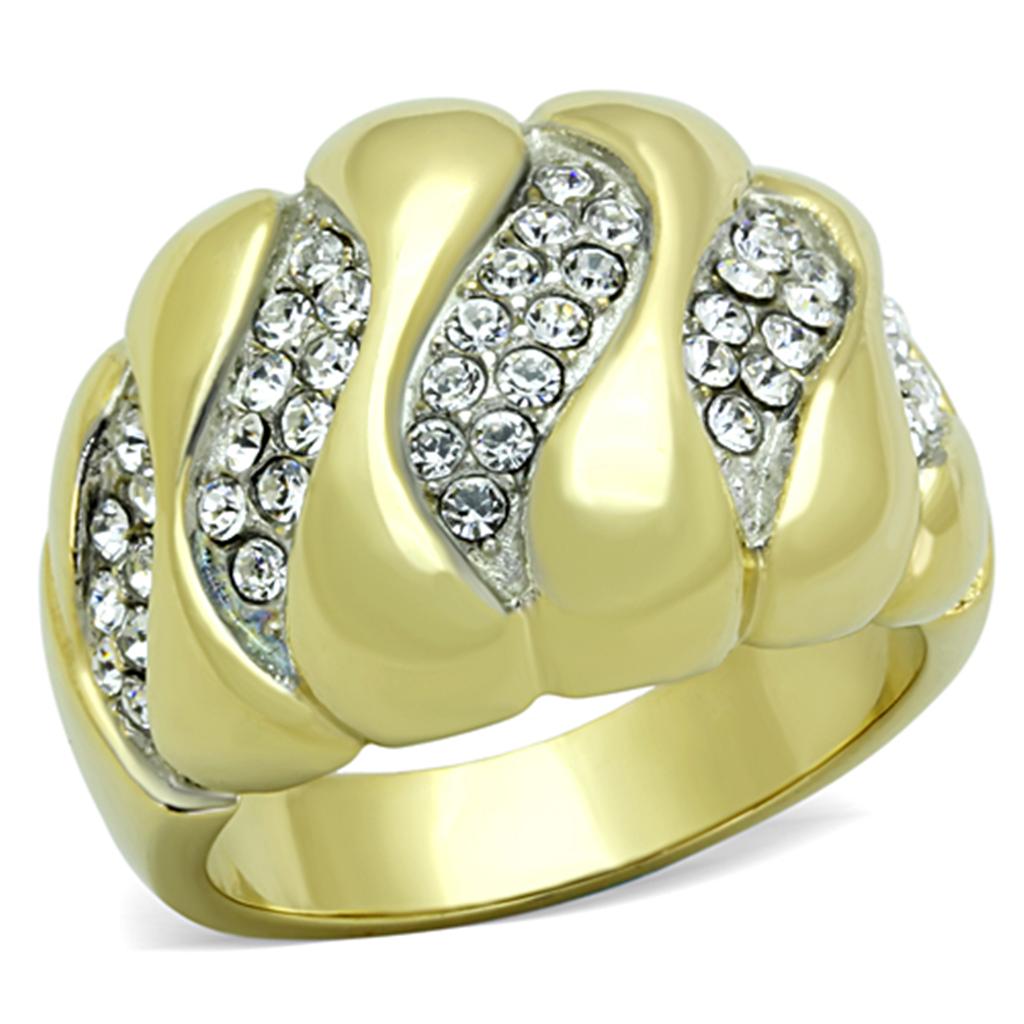 A stylish women's stainless steel ring featuring a two-tone IP gold finish and a sparkling clear synthetic crystal.