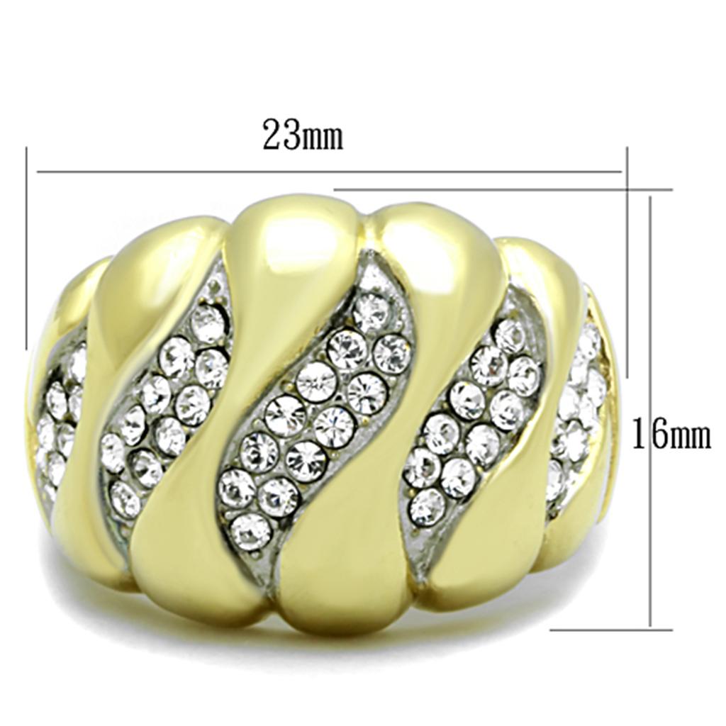 A stylish women's stainless steel ring featuring a two-tone IP gold finish and a sparkling clear synthetic crystal.