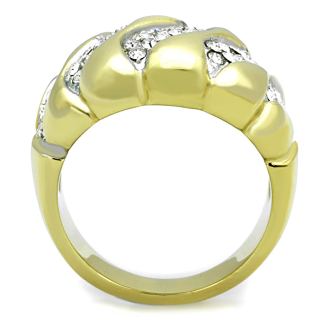 A stylish women's stainless steel ring featuring a two-tone IP gold finish and a sparkling clear synthetic crystal.