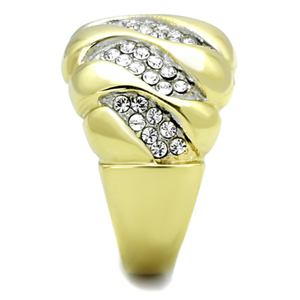 A stylish women's stainless steel ring featuring a two-tone IP gold finish and a sparkling clear synthetic crystal.