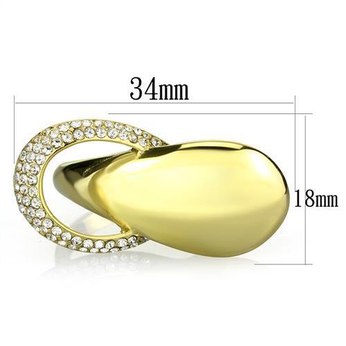 Elegant women stainless steel ring with synthetic crystal and IP gold plating, showcasing a clear and sparkling design.