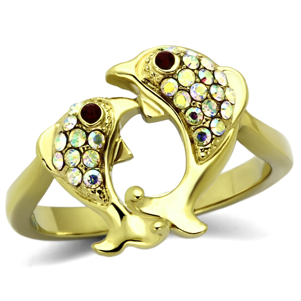 A collection of women’s stainless steel rings featuring synthetic crystals in various vibrant colors and IP gold plating.