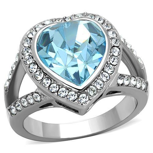 A beautiful women’s stainless steel ring featuring a sea blue synthetic crystal, showcasing a high polished finish.