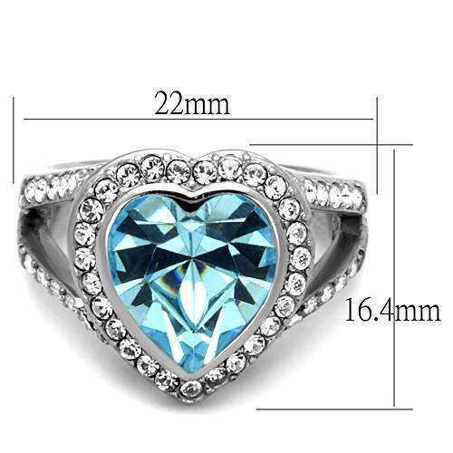 A beautiful women’s stainless steel ring featuring a sea blue synthetic crystal, showcasing a high polished finish.