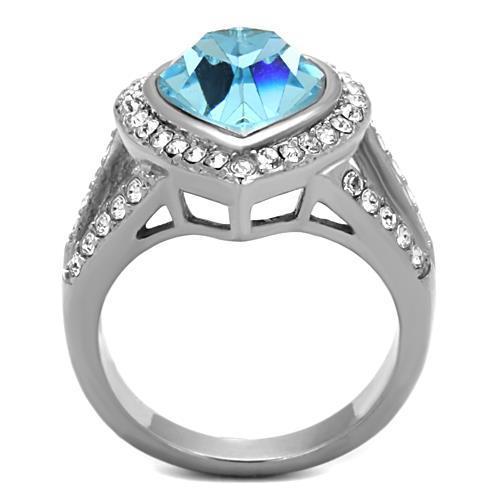 A beautiful women’s stainless steel ring featuring a sea blue synthetic crystal, showcasing a high polished finish.