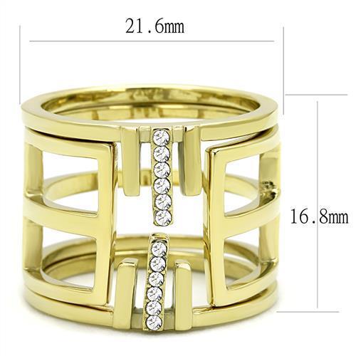 A stylish women's stainless steel ring featuring synthetic crystals and an IP gold ion plating finish, showcasing elegance and durability.