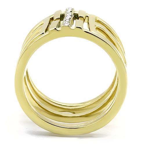 A stylish women's stainless steel ring featuring synthetic crystals and an IP gold ion plating finish, showcasing elegance and durability.