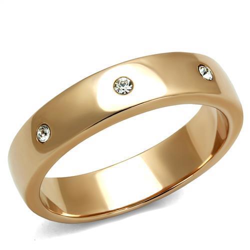 A beautiful women’s stainless steel ring featuring synthetic crystals in a stunning IP rose gold finish, perfect for elegant occasions.